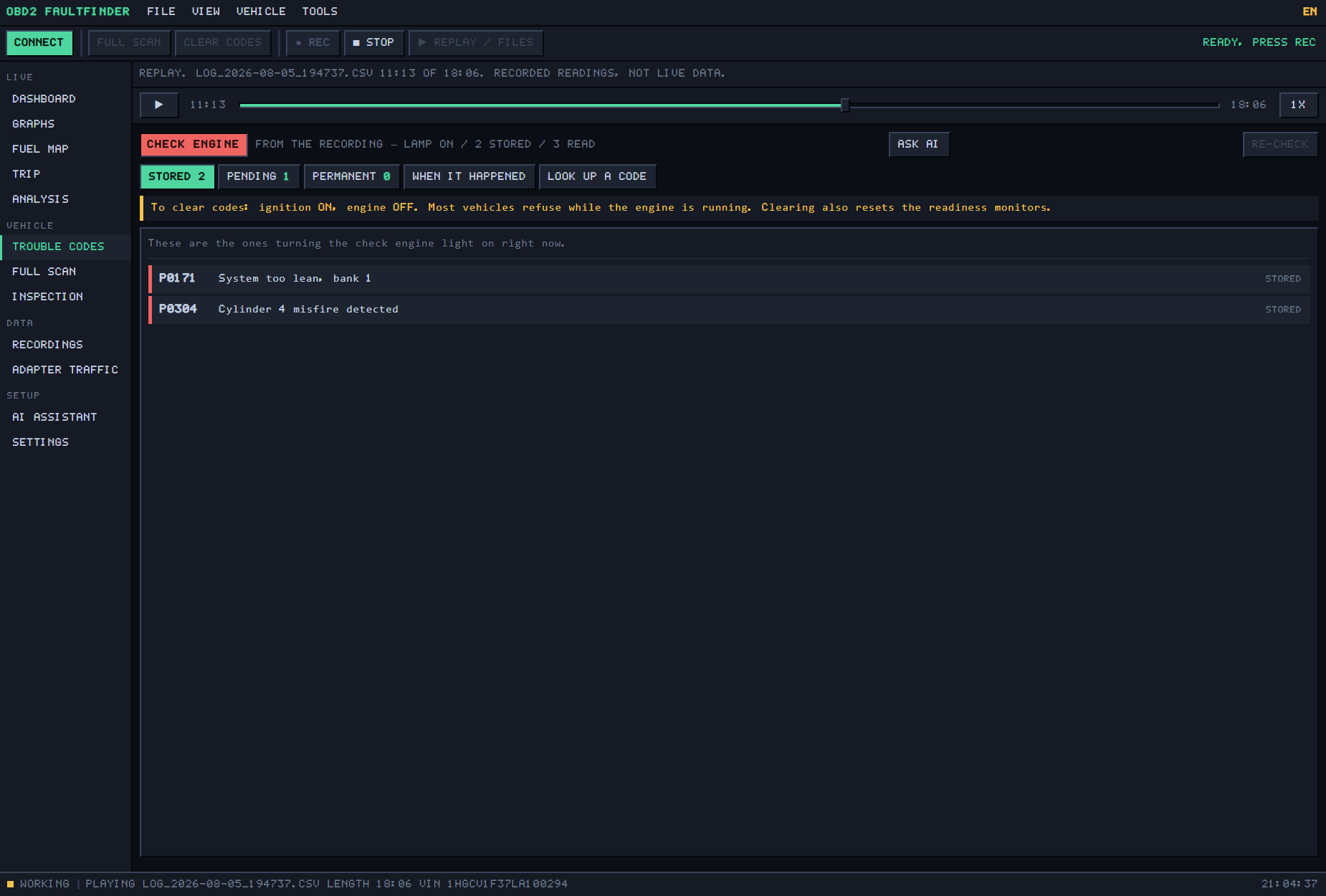 The trouble codes screen: stored, pending and permanent codes with their meanings